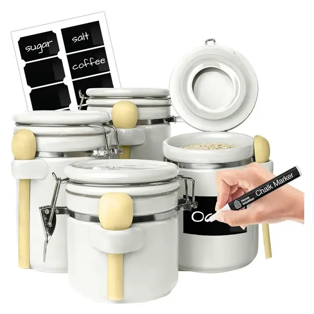 4-Piece Ceramic Kitchen Canisters Set, Airtight Jars with Wooden Spoons Reusable Chalk Labels and Marker for Sugar, Coffee, Flour, Tea