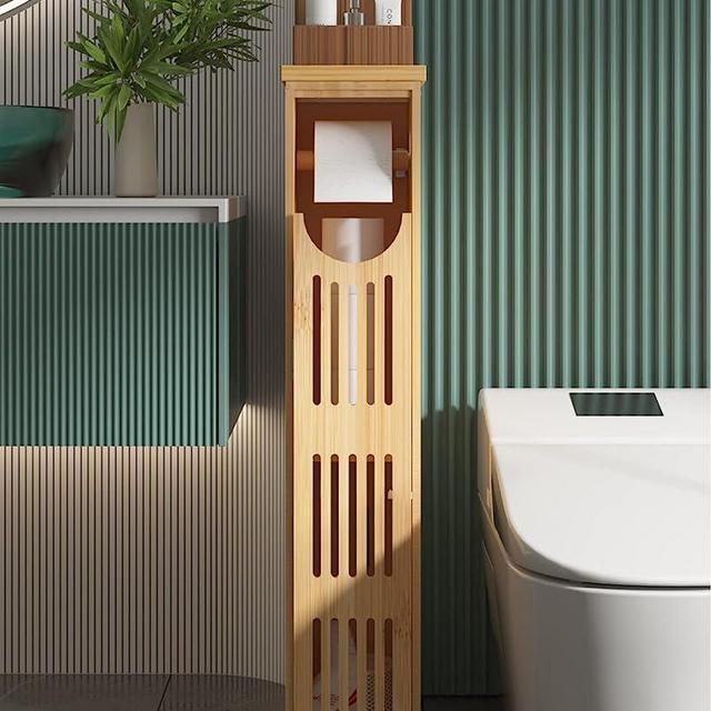 AmazerBath Bathroom Toilet Paper Storage Cabinet Bamboo, Toilet Paper Holder with Storage, Small Bathroom Storage Cabinet for Small Spaces, Slim Bathroom Storage Cabinet, 33x7.3x6.5 Inches