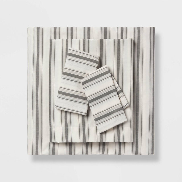 Queen Cotton Blend Sateen Sheet Set Gray Textured Stripe - Room Essentials™
