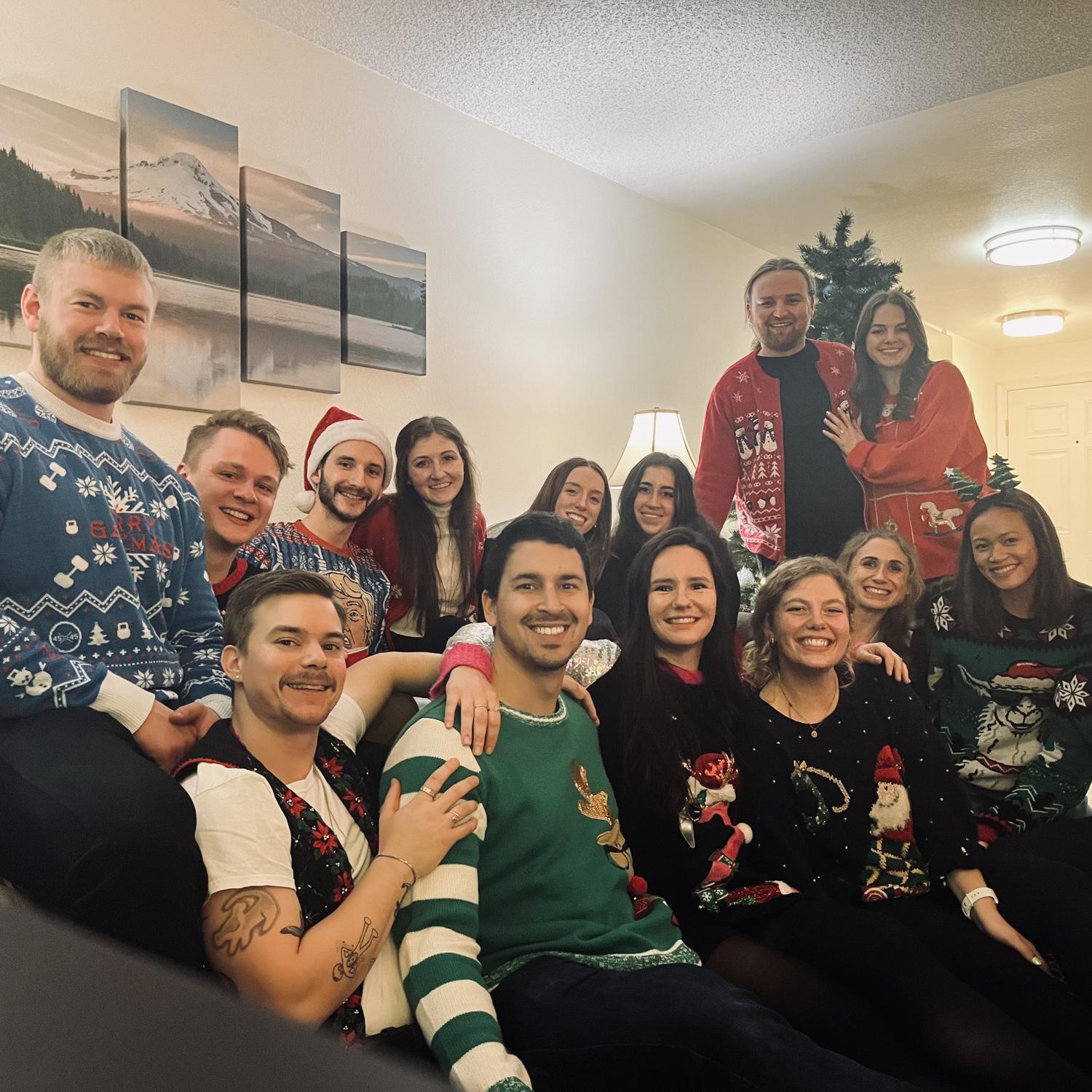 Ugly Christmas sweater party with friends