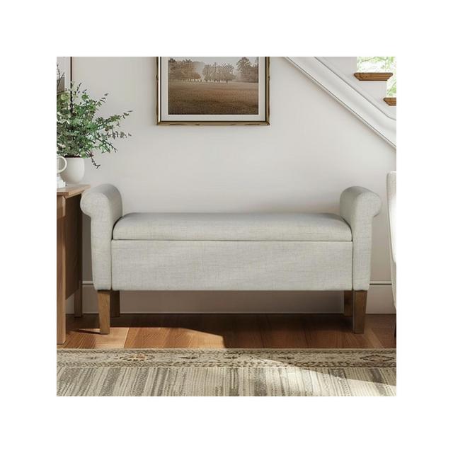 Contemporary Entryway Storage Bench,Natural Fabric Fully Upholstered Storage Bench,Bedside Storage Bench With Armrests,Solid Wood Legs-Cuddlewood