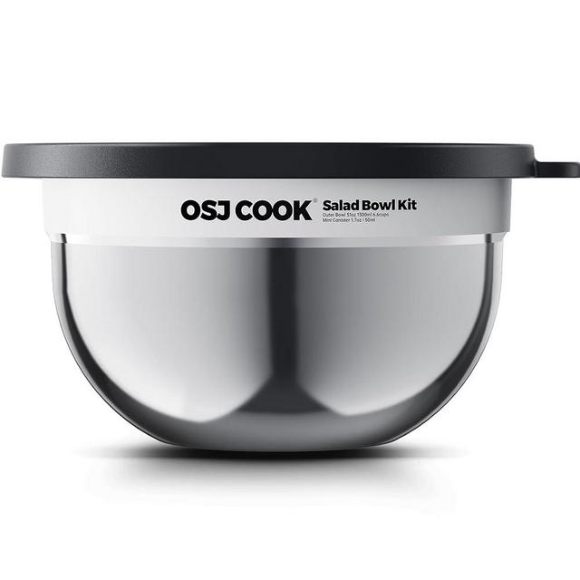 18/8 Stainless Steel Salad Bowl Kit - 51oz, Mixing Bowls with Lids Set, Silver - Comes with 1.7oz Condiment Container and Removable Tray for Organization - Leak-Proof, Easy to Clean, Dishwasher Safe