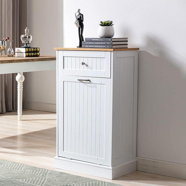 Trash Cabinet Tilt Out Freestanding, Pet Proof Kitchen Trash Cabinet Laundry Hamper with Cutting Board, Wood Garbage Recycling Station Hideaway Trash Holder Drawers (1, White)