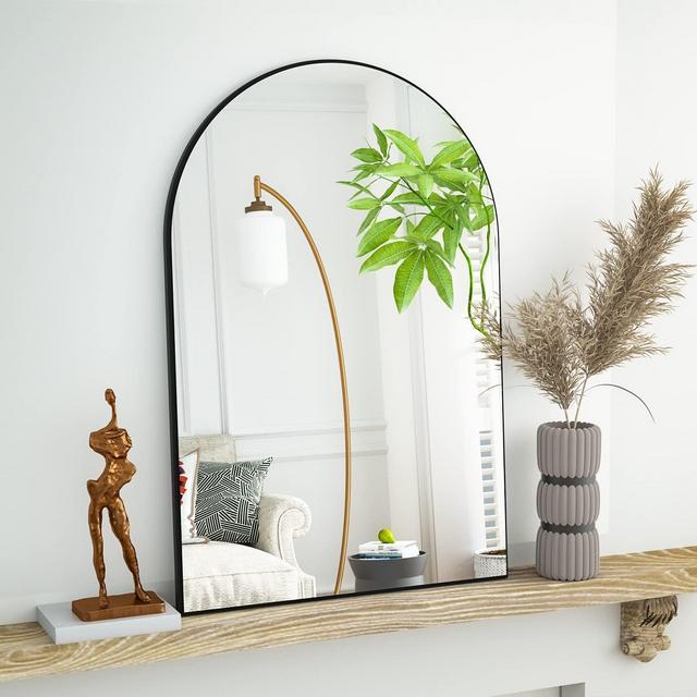 20" x 30" Arched Mantle Mirror, Black-HOMLUX: Metal Frame, Wall Mount, Modern Decor