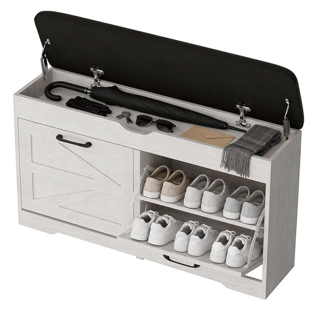 39" Shoe Storage Bench with Padded Seat Cushion & Lift Top Storage Box & 2 Flip Drawers, Small Entryway Shoe Rack Bench with 2 Doors and Adjustable Shelf, Shoes Cabinet for Hallway, Living Room, White