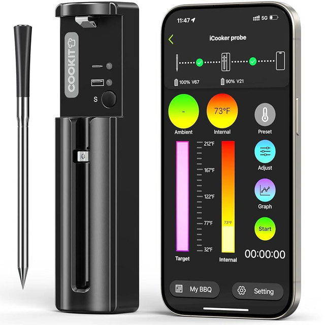 800FT Smart Wireless Meat Thermometer with 5.5mm Ultra-Thin Probe, Bluetooth 5.3 Digital Food Thermometer for Grill Kitchen BBQ Smoker Oven