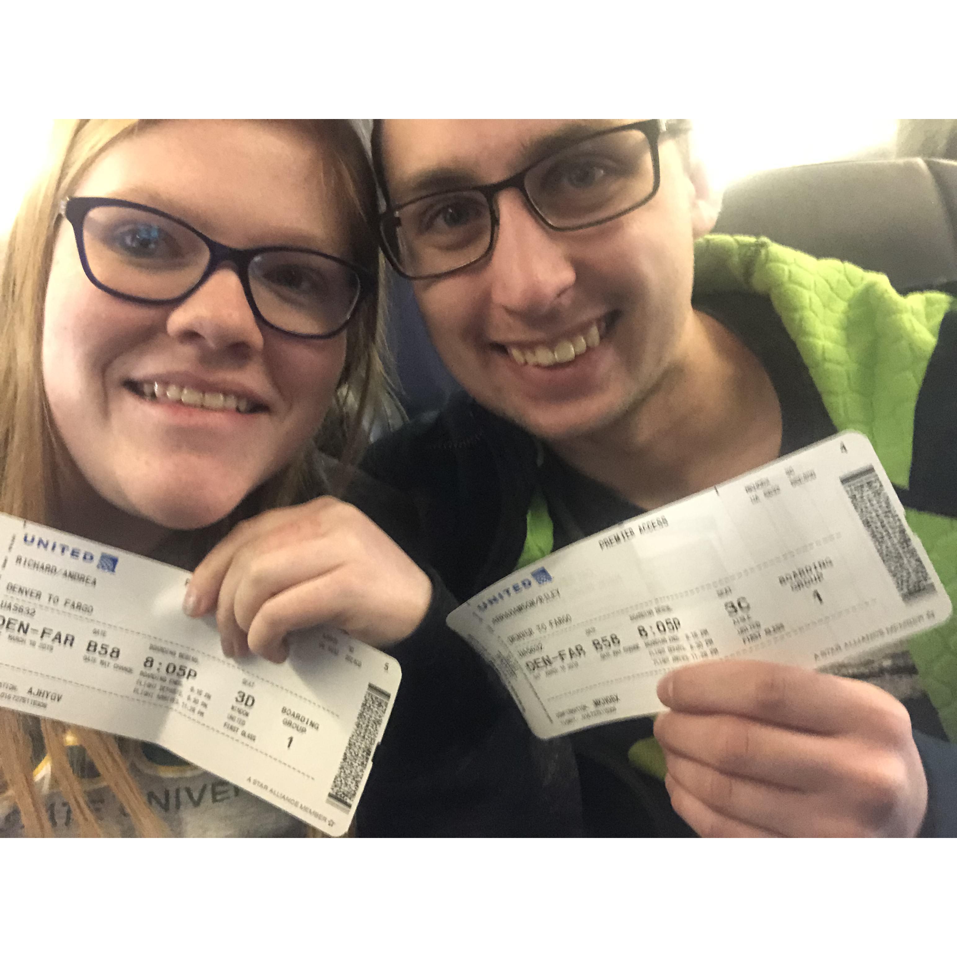 After an 8-hour flight delay causing us to spend the night in Denver, CO, we were bumped up to first class for the last flight home from California!