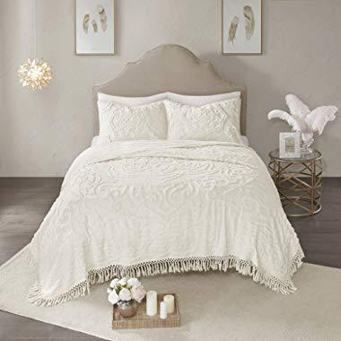 Madison Park Laetitia Coverlet Reversible 100% Cotton Chenille Floral Medallion Tufted Fringe Tassel Soft Hypoallergenic All Season Light-Weight Woven Bedding-Set, Full/Queen, Flower Embroidery Ivory