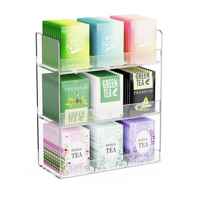 Laumffon Acrylic Tea Bag Organizer, 3 Layers Tea Bag Holder for Tea Packets, No Assembly Required, Wall Mount Display Tea Caddy for Countertop or Cabinet, 9 Slots