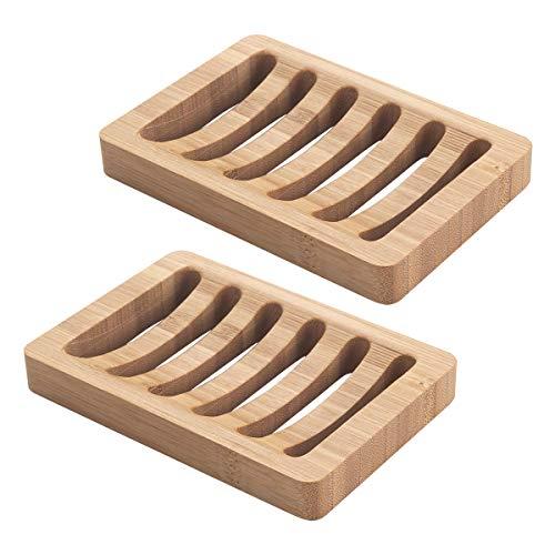AmazerBath Bamboo Wood Soap Dish, Bar Soap Holder for Shower Bathroom, Kitchen - 2 Pack