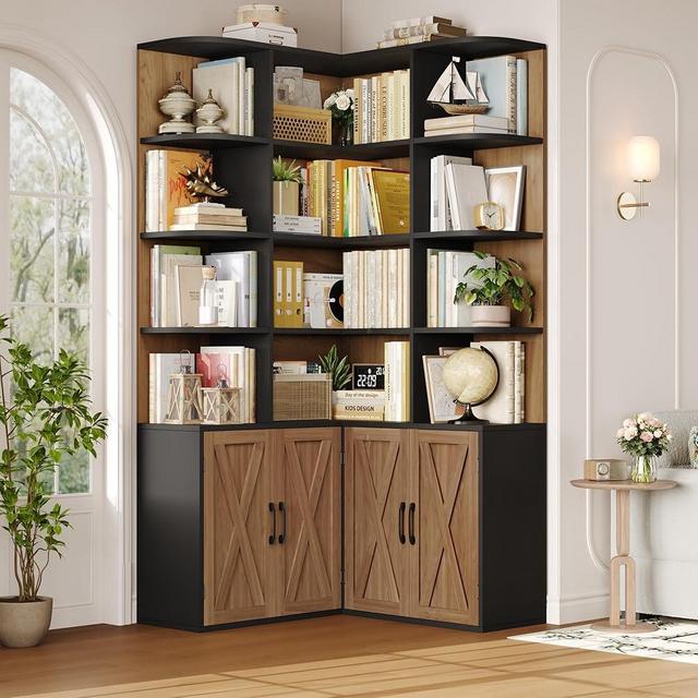 FINETONES 74" Corner Bookshelf, Tall Bookshelf with Doors, Corner Bookcase Farmhouse Bookshelves and Bookcases with Storage Large Book Shelf Storage Cabinet for Home Office, Black/Brown
