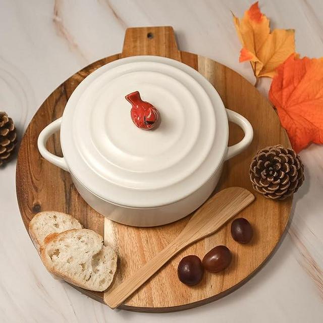 WILD EYE DESIGNS BRIE BAKER BAKING DISH, CREAM, WOOD SPREADER INCLUDED, CARDINAL DESIGN