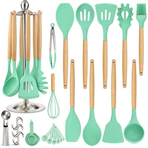 Silicone Kitchen Cooking Utensil Set, EAGMAK 16PCS Kitchen Utensils Spatula Set with Stainless Steel Stand for Nonstick Cookware, BPA Free Non Toxic Cooking Utensils, Kitchen Tools Gift (turquoise)