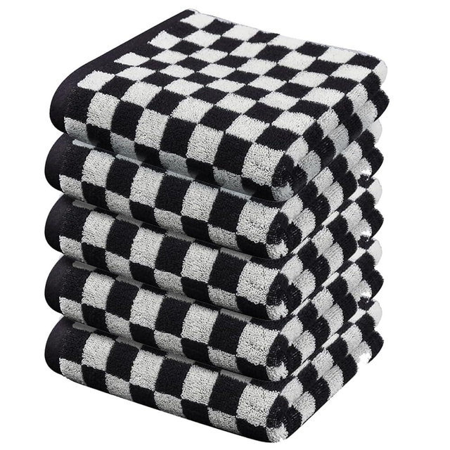 Stylifeo Cotton Hand Towels Set of 5 - Soft, Absorbent, and Decorative Checkered Design for Bathroom, Kitchen, Gym, and Spa and More,13 x 29 Inches,Black