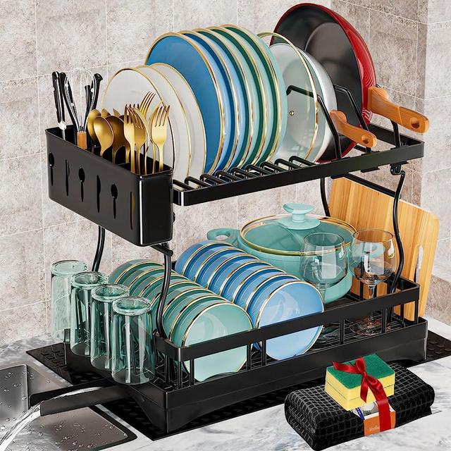 Dish Drying Rack,2 Tier Dish Racks for Kitchen Counter,Large Stainless Steel Dish Rack with Drainboard Dish Drying Mat Detachable Dish Drainer Organizer with Utensil Holder Cup Pot (16.7*12.7*17 IN)