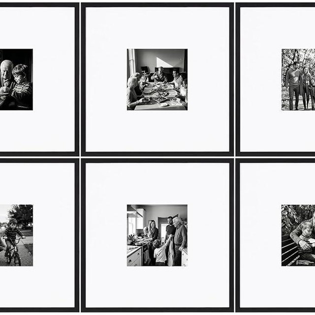 eletecpro Gallery Wall Frame Set of 6, 18x18 Inch Square Black Frames with 8x8 Mat, Scratch-Resistant Finish for Modern Home Decor