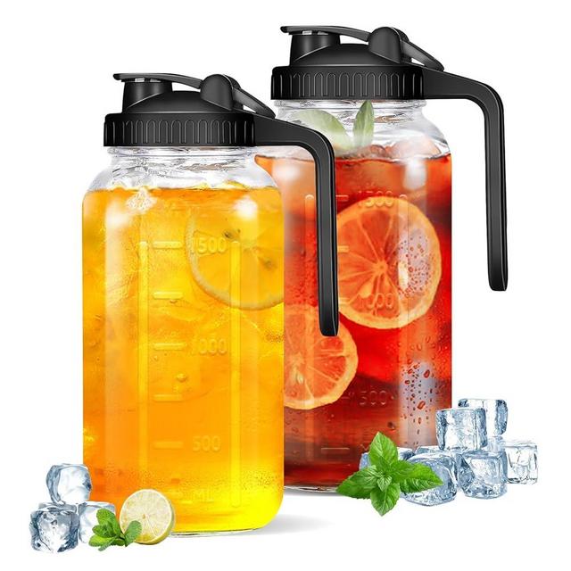 2Pack Glass Pitcher - 64 OZ Mason Jar Glass Jug Breast milk Containers, Wide Mouth，Airtight & Leakproof Pitcher with Pour Spout Lids for Water, Juice, Milk, Tea, Iced Coffee