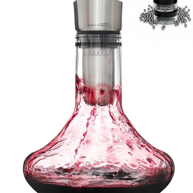 Gusto Nostro Crystal Wine Decanter with Aerator Pourer - Premium Hand-blown Lead-free Glass Wine Decanter Set for Red Wines - Carafe with Lid Filter for Smooth Pouring - Stainless Steel Spout Included