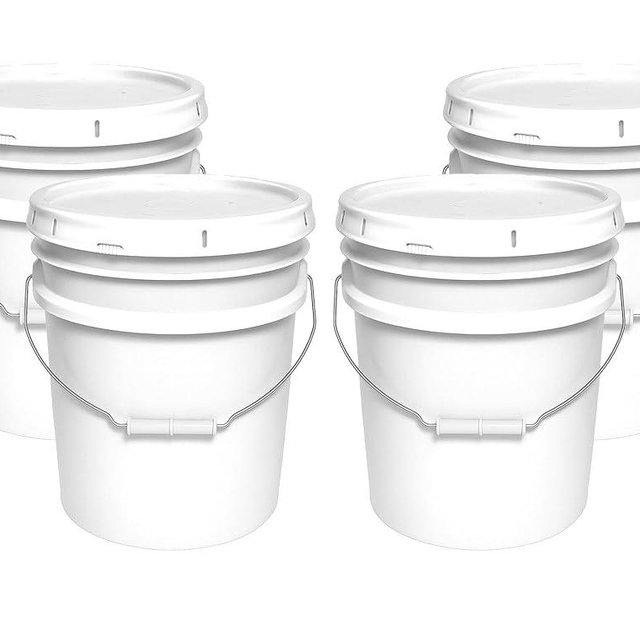 MKS Plastics 5-Gallon Bucket with Airtight Lid – Made in USA, Food Grade BPA Free Plastic, Heavy Duty Multi-Use, Metal Handle with Grip, Stackable Storage – White, 4 Pack