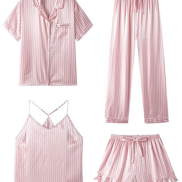 SAPJON Silk Pajamas for Women Set 4Pcs Ruffled Satin Pajamas Set Button Down Short Sleeve Cami Shorts Sleepwear Pj Set