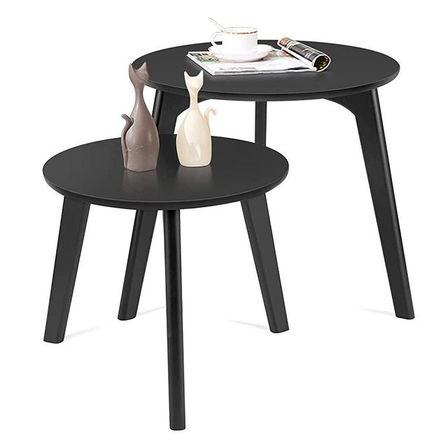 Bamboo Round End Tables Living Room Set of 2, Modern Bed Side Table, Coffee Table Set, Nesting Tables for Living Room/Office/Balcony/Outdoor, Bamboo Detachable Tray, Easy Assembly, Black