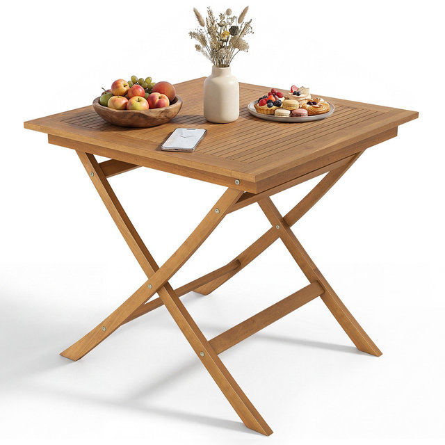 Costway Solid Teak Wood Folding Outdoor Table, 32-Inch Square Patio Dining Table for 4