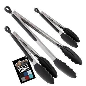 GORILLA GRIP Stainless Steel Heat Resistant Kitchen Tongs for Cooking, 7 + 9 + 12 Inch Set of 3 BBQ Tong, Non Scratch Silicone Tip for Pans, Strong Grip, Grab Food, Toss Salad, Pull Lock, Black