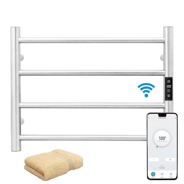 KEG Smart WiFi Towel Warmer Wall Mounted with Built-in Timer and Temperature Adjust Control, 4 Bars Electric Stainless Steel Heated Towel Racks for Bathroom Brushed Nickel