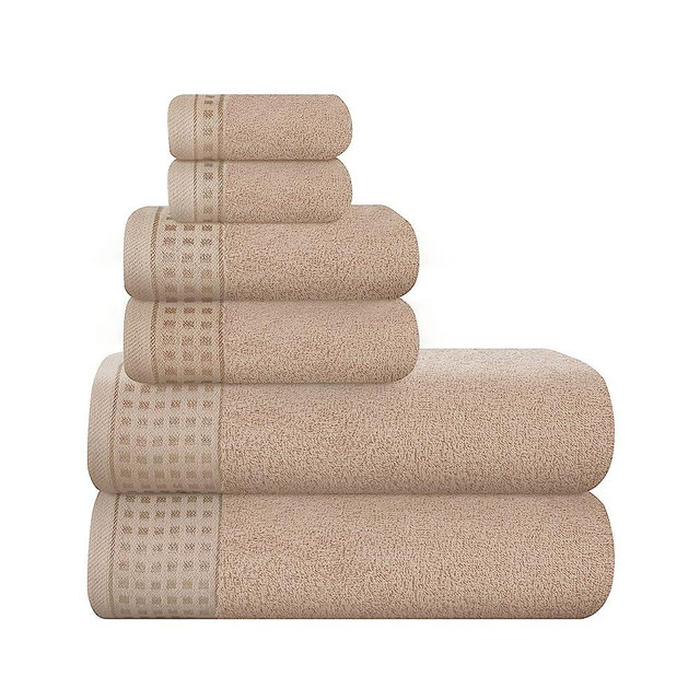 GLAMBURG 100% Cotton Ultra Soft 6 Pack Towel Set, Contains 2 Bath Towels 28x55 Inches, 2 Hand Towels 16x24 Inches & 2 Wash Coths 12x12 Inches, Compact Absorbent Lightweight & Quickdry - Tan