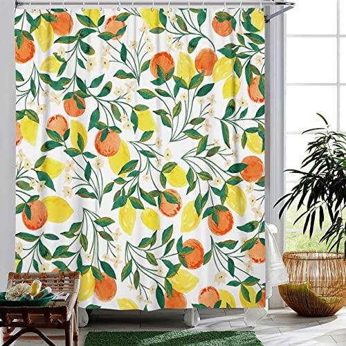Fowocu Lemon Peach Shower Curtain, Watercolor Fruit and Flower Theme Bathroom Decor, 72''×72''