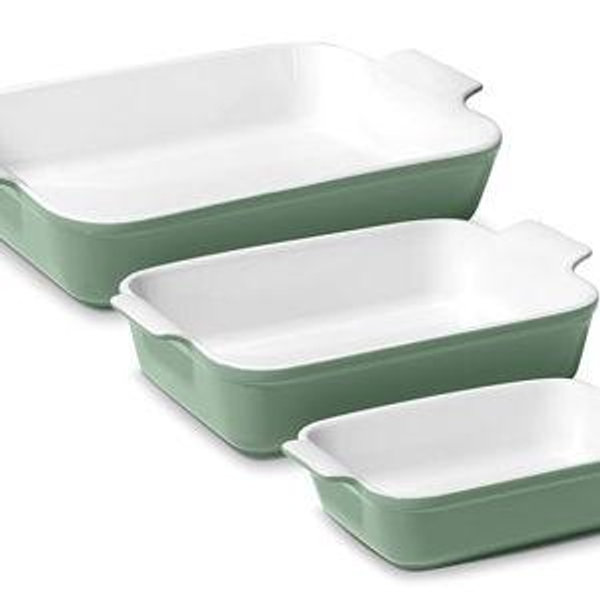 ROSSALLINI Stoneware Casserole Dish Bakeware Set of 3 | Rectangular Dinnerware Set with Handles [Sage Green]