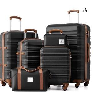 LONG VACATION 6 Piece Luggage Set Carry on Suitcase with ABS+PC hardshell, Spinner Wheels & YKK Zipper TSA Lock (BLACK-BROWN, 6 piece set)