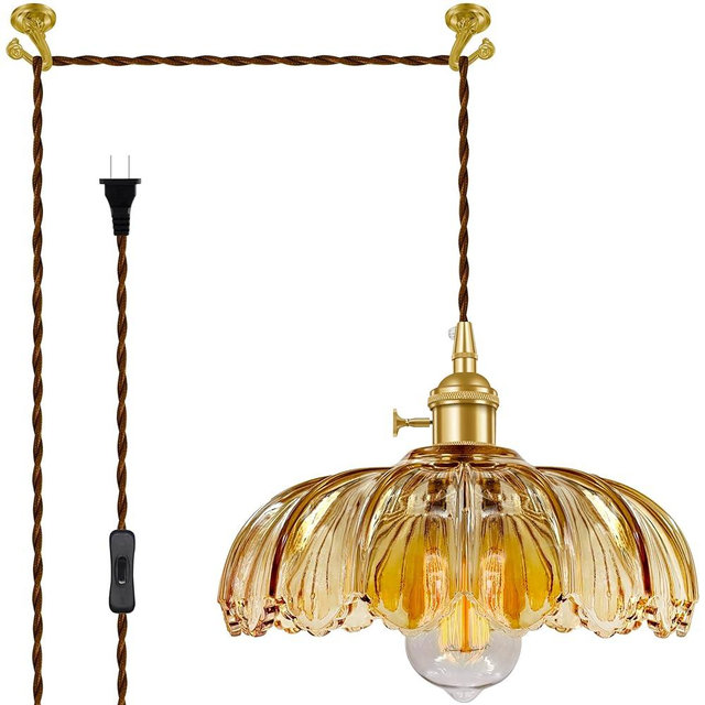 Plug-in Pendant Light Fixture, Hanging Light Fixture, Glass Pendant Light, Swag Lamp with Inline On/Off Switch for Kitchen Island, Bedroom, Dining Room, Living Room (Amber Lotus, Plug-in)
