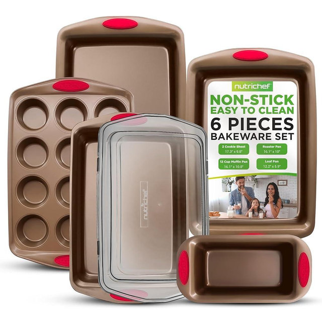 NutriChef 6-Piece Bakeware Set - Carbon Steel Stackable Bakeware with Red Silicone Handles & Nonstick Coating, Includes Cookie Sheets, Roaster Pan with Lid, Loaf, and 12 Cup Muffin Pan (Gold)