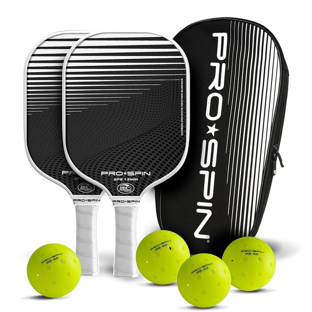 PRO SPIN Pickleball Paddles - Set of 2 USAPA-Approved Graphite Carbon Pickle Ball Paddles, 4 High-Performance Pickleball Balls, Durable Bag for Rackets & Balls - Great Gift
