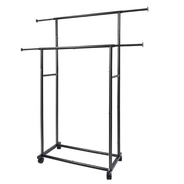 Fishat Simple Standard Double Rod Clothing Commercial Metal Garment Rack for Hanging Clothes, Rolling Clothes Organizer on Lockable Wheels (Black)