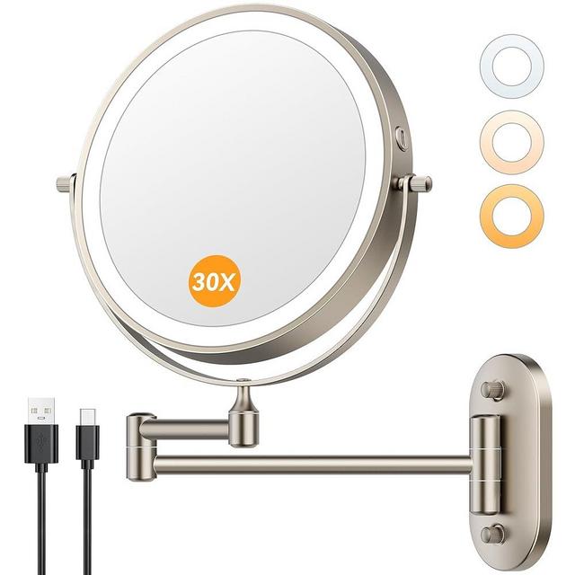 Auxmir 1X/30X Wall Mounted Lighted Makeup Mirror, 8" 3200 mAh Rechargeable Double-Sided Magnifying Mirror, Touch Dimmable 3 Color Lights, 360° Rotating Foldable 14.5" Extension Arm, Brushed Nickel