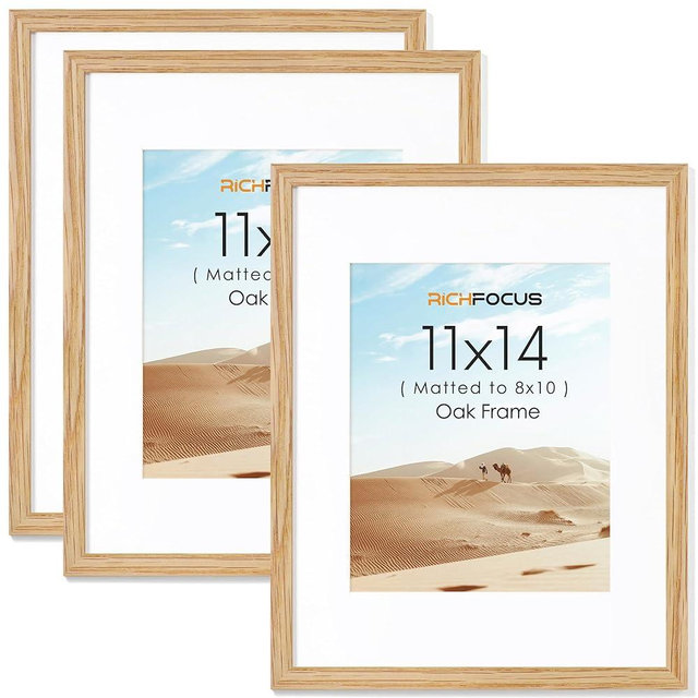 RICHFOCUS 11x14 Picture Frame Set of 3|Solid Oak Wood 11x14 Picture Frame with Mat for 8x10|Rustic 11 x 14 Photo Frame Natural Wood|11 by 14 Wooden Frame for Wall Hanging|Natural Oak