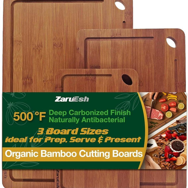 Zaruesh Bamboo Chopping Board, Durable Chopping Board Bamboo with Deep Juice Grooves & Built-in Handles - Carbonized Wooden Chopping Boards Ideal Charcuterie Double-Sided Serving Tray for Kitchen