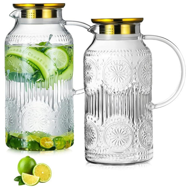 Buaic Glass Pitcher with Lid and Handle, 2 PACK 68 oz/2 Liter Vintage Embossed Sun Flower Water Pitcher, Clear Borosilicate Glass Water Carafe for Cold Brew, Iced Sun Tea,Beverage, Heat Resistant