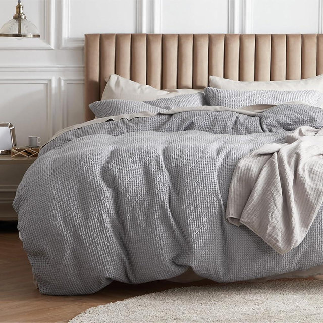 Bedsure Cotton Duvet Cover Set - 100% Cotton Waffle Weave Grey Duvet Cover Oversized King Size, GentleSoft™ and Breathable Bedding Set for All Season, 3 Pieces, 120"x98"