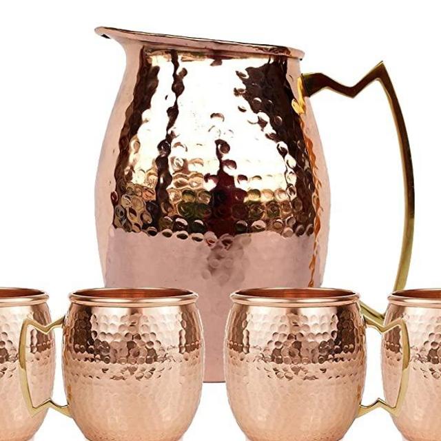 Rastogi Handicrafts Pure copper Hammered Jug NEW Copper Moscow Mule Water Pitcher Heavy Gauge Pure Solid Hammered With Set of 4 Beer Wine Mug