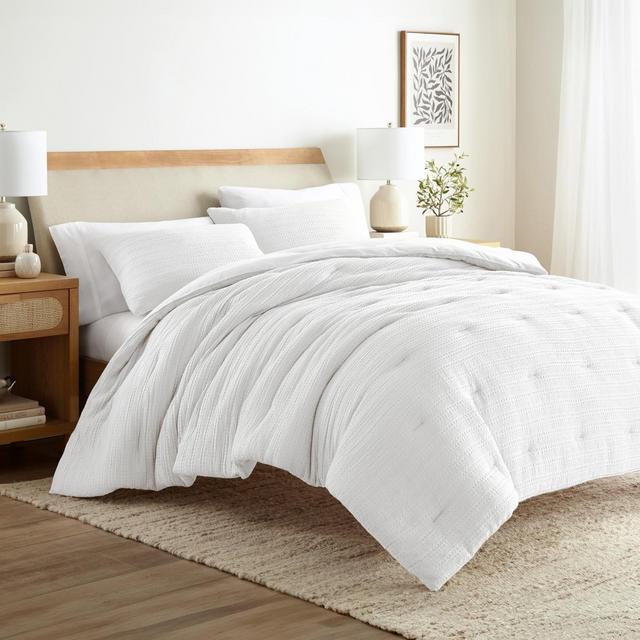 Waffle Textured Comforter Set All Season Down-Alternative Ultra Soft Bedding - Becky Cameron, White, Full/Queen