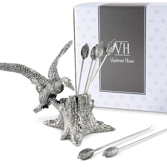 Vagabond House Pewter Mallard Duck Cheese Martini Olive Cocktail Stainless Steel Pick Set Skewer Fruit Toothpicks (6 Picks In Set) 3 inch Tall