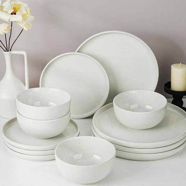 Metflavor Stellar Plates and Bowls Sets White Dishes Set for 4 Handpainted Dinnerware Sets 12 Pieces, Speckled Ceramic Plate Set Scratch Resistant Microwave & Dishwasher Safe (Arctic Frost)