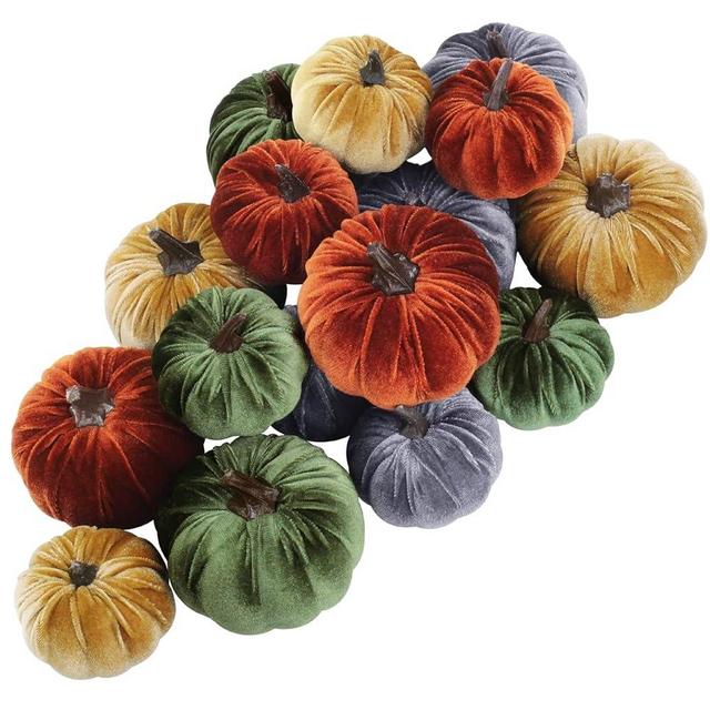 16 Pcs Assorted Small Faux Rustic Harvest Velvet Pumpkins Decorative Rust Orange Gold Olive Gray Fabric Pumpkins Foam Pumpkins for Farmhouse Fall Thanksgiving Halloween Table Centerpiece Mantel Decor