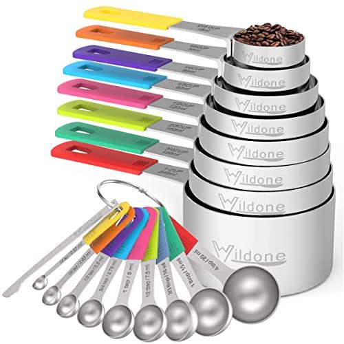Wildone Measuring Cups & Spoons Set of 18 - Includes 8 Stainless Steel Nesting Measuring Cups, 9 Measuring Spoons, 1 Leveler, Ideal for Dry and Liquid Ingredients