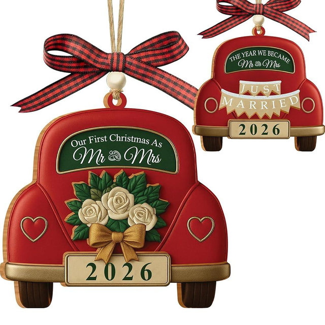 First Christmas Married Ornament 2026, Wedding Gifts for Couples 2026, 3D Wooden Double Side Just Married Ornament, Mr and Mrs Ornaments, Car Hanging Ornament, Bride Gift, Gift for Newlyweds