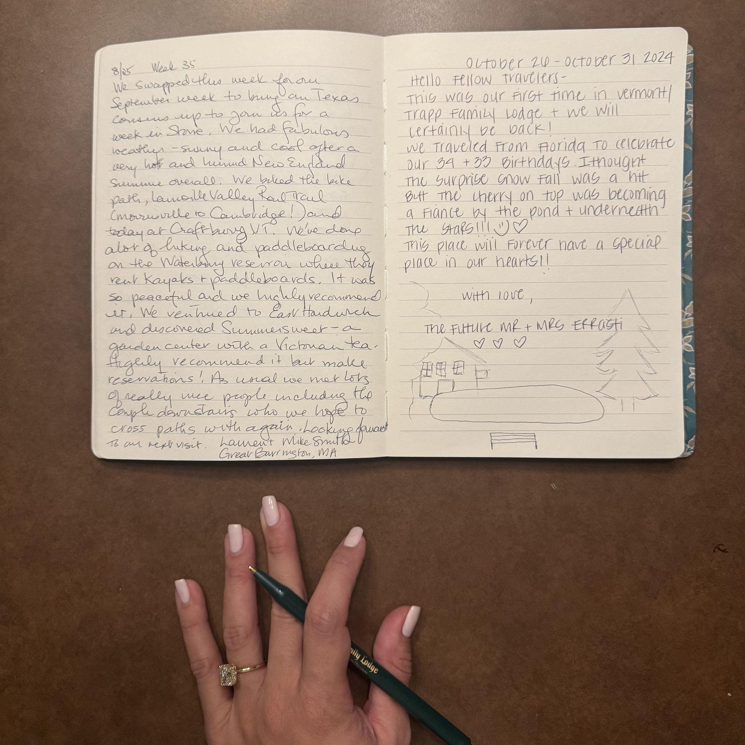 The resort we stayed at has a travelers notebook in each cabin. The book is filled with entrees from everyone who has stayed there before you. I had to add an entry from our very special trip!