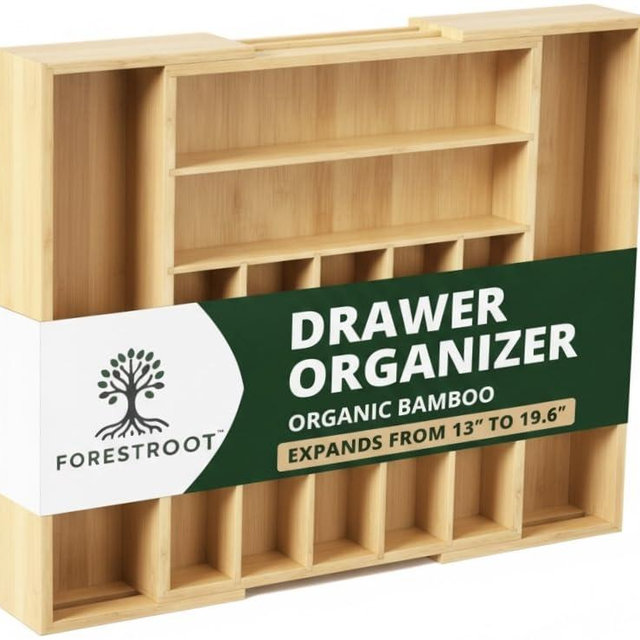 Forestroot Bamboo Drawer Organizer – Expandable 9 Slot Silverware & Utensil Tray for Kitchen, Office & Kitchen – Fits 13”–19.6” Drawers, Natural Bamboo Wood, Deep Compartments - Durable & Eco-Friendly